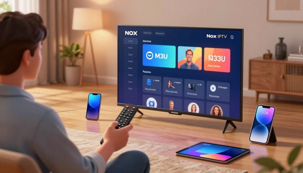 A digital illustration showcasing a modern living room setting where a user is configuring the Nox IPTV application on a sleek smart TV. In the foreground, depict a focused individual dressed in smart casual attire, using a remote control to navigate options on the screen, which displays a user-friendly interface for adding M3U playlists. The middle ground should include various devices like a smartphone and tablet, symbolizing cross-platform compatibility. In the background, soft ambient lighting casts a warm glow, complementing stylish furniture and technology, creating an inviting atmosphere. Use a perspective that captures the details on the TV screen while maintaining a sense of depth in the room, emphasizing the ease and accessibility of configuring IPTV services. A digital illustration showcasing a modern living room setting where a user is configuring the Nox IPTV application on a sleek smart TV. In the foreground, depict a focused individual dressed in smart casual attire, using a remote control to navigate options on the screen, which displays a user-friendly interface for adding M3U playlists. The middle ground should include various devices like a smartphone and tablet, symbolizing cross-platform compatibility. In the background, soft ambient lighting casts a warm glow, complementing stylish furniture and technology, creating an inviting atmosphere. Use a perspective that captures the details on the TV screen while maintaining a sense of depth in the room, emphasizing the ease and accessibility of configuring IPTV services.