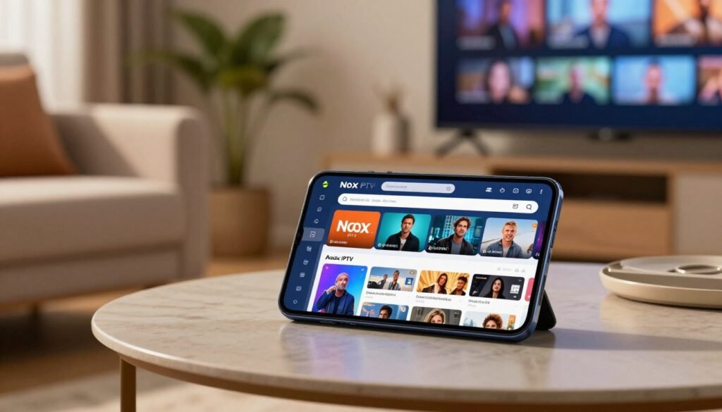 A modern Android smartphone with the Nox IPTV application open on its screen, placed on a stylish coffee table in a cozy, well-lit living room. In the foreground, the smartphone displays a vibrant interface of channel options and streaming content. The middle ground includes a comfortable couch and a decorative plant, creating a relaxed atmosphere. Soft, warm lighting highlights the scene, casting gentle shadows. In the background, a sleek television shows a blurred view of streaming media, further emphasizing the focus on the smartphone. The overall mood is inviting and tech-savvy, perfect for illustrating the activation and configuration of Nox IPTV on Android devices. A modern Android smartphone with the Nox IPTV application open on its screen, placed on a stylish coffee table in a cozy, well-lit living room. In the foreground, the smartphone displays a vibrant interface of channel options and streaming content. The middle ground includes a comfortable couch and a decorative plant, creating a relaxed atmosphere. Soft, warm lighting highlights the scene, casting gentle shadows. In the background, a sleek television shows a blurred view of streaming media, further emphasizing the focus on the smartphone. The overall mood is inviting and tech-savvy, perfect for illustrating the activation and configuration of Nox IPTV on Android devices.