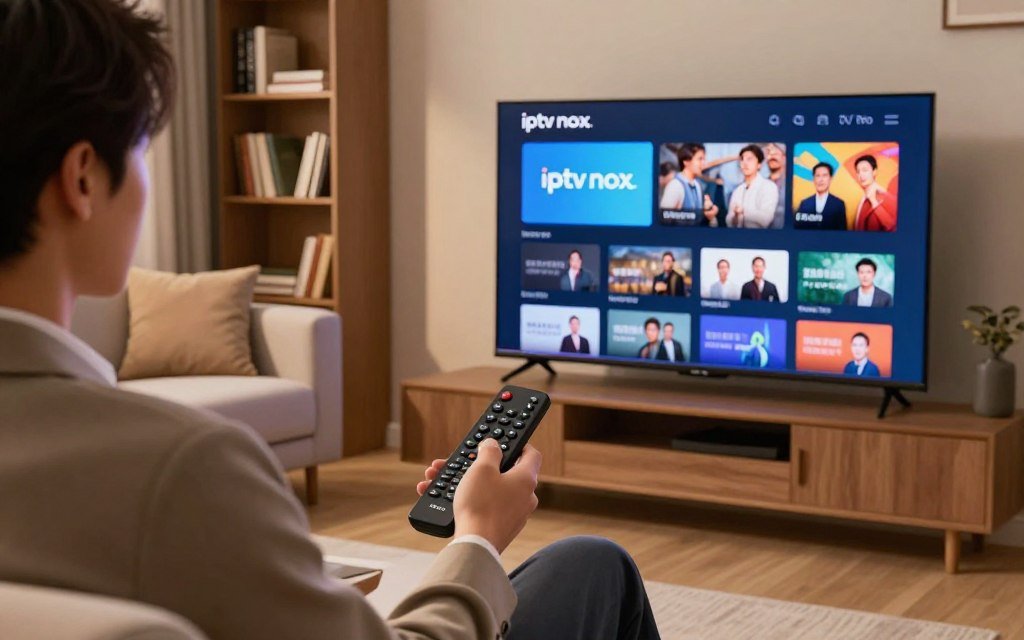 A modern living room setting featuring a sleek Smart TV displaying a vibrant IPTV streaming interface branded "iptv nox." In the foreground, a user, dressed in professional business attire, holds a remote control, intently browsing through a visually appealing channel categories menu. Soft, warm lighting creates a cozy atmosphere, highlighting the advanced technology of the TV and the user’s engagement with the screen. In the middle ground, a plush sofa is adorned with cushions, exuding comfort and a sense of home entertainment. The background showcases a stylish bookshelf lined with books, adding to the ambiance of a relaxed viewing experience. The overall mood conveys the enjoyment and convenience of the Iron TV Pro IPTV service, emphasizing a seamless streaming experience. A modern living room setting featuring a sleek Smart TV displaying a vibrant IPTV streaming interface branded "iptv nox." In the foreground, a user, dressed in professional business attire, holds a remote control, intently browsing through a visually appealing channel categories menu. Soft, warm lighting creates a cozy atmosphere, highlighting the advanced technology of the TV and the user’s engagement with the screen. In the middle ground, a plush sofa is adorned with cushions, exuding comfort and a sense of home entertainment. The background showcases a stylish bookshelf lined with books, adding to the ambiance of a relaxed viewing experience. The overall mood conveys the enjoyment and convenience of the Iron TV Pro IPTV service, emphasizing a seamless streaming experience.
